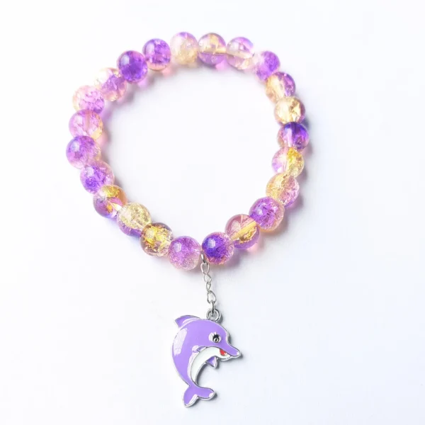 Purple and amber crackle bead bracelet with dolphin charm