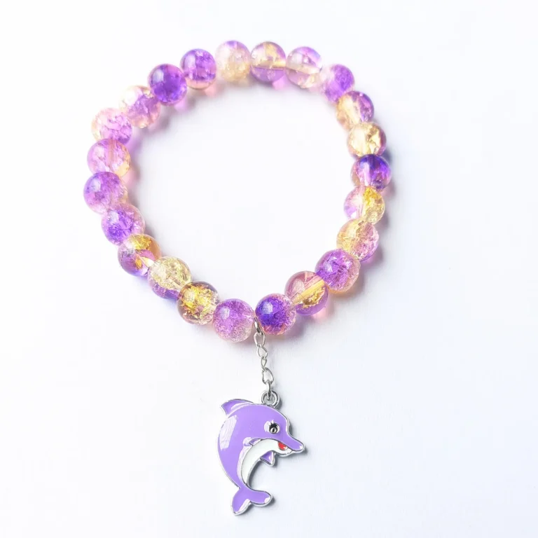 Purple and amber crackle bead bracelet with dolphin charm